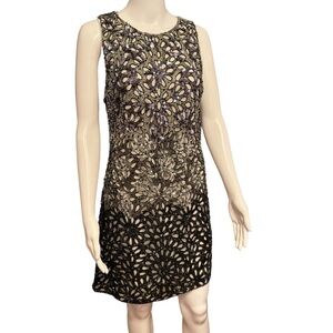 Alice + Olivia Cut Out Sequin Flower Beaded Dress Black Gray Size 4 NWOT